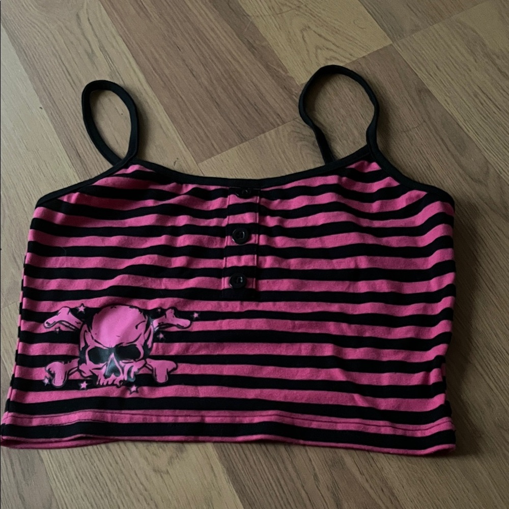 ROMWE Pink and Black Striped Crop Tank
